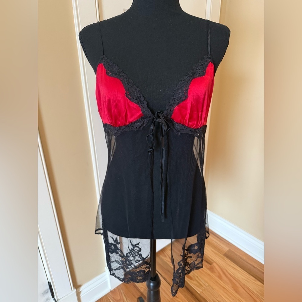 Y2K Victoria's Secret SILK RED Sheer Black Nylon Mesh Babydoll Teddy Slip/Top M